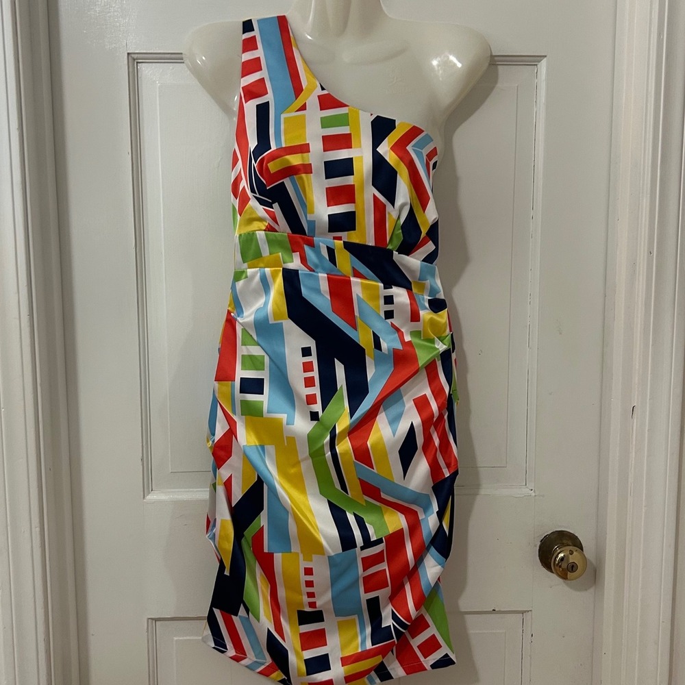 Rubber Ducky Colorful One Shoulder Dress Sz M Satin Pop Art Ruched Party Mod Y2K